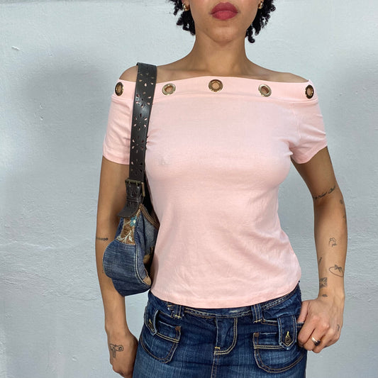 Vintage 2000's Baby Pink Off Shoulder Top with Big Eyelet Details (S)
