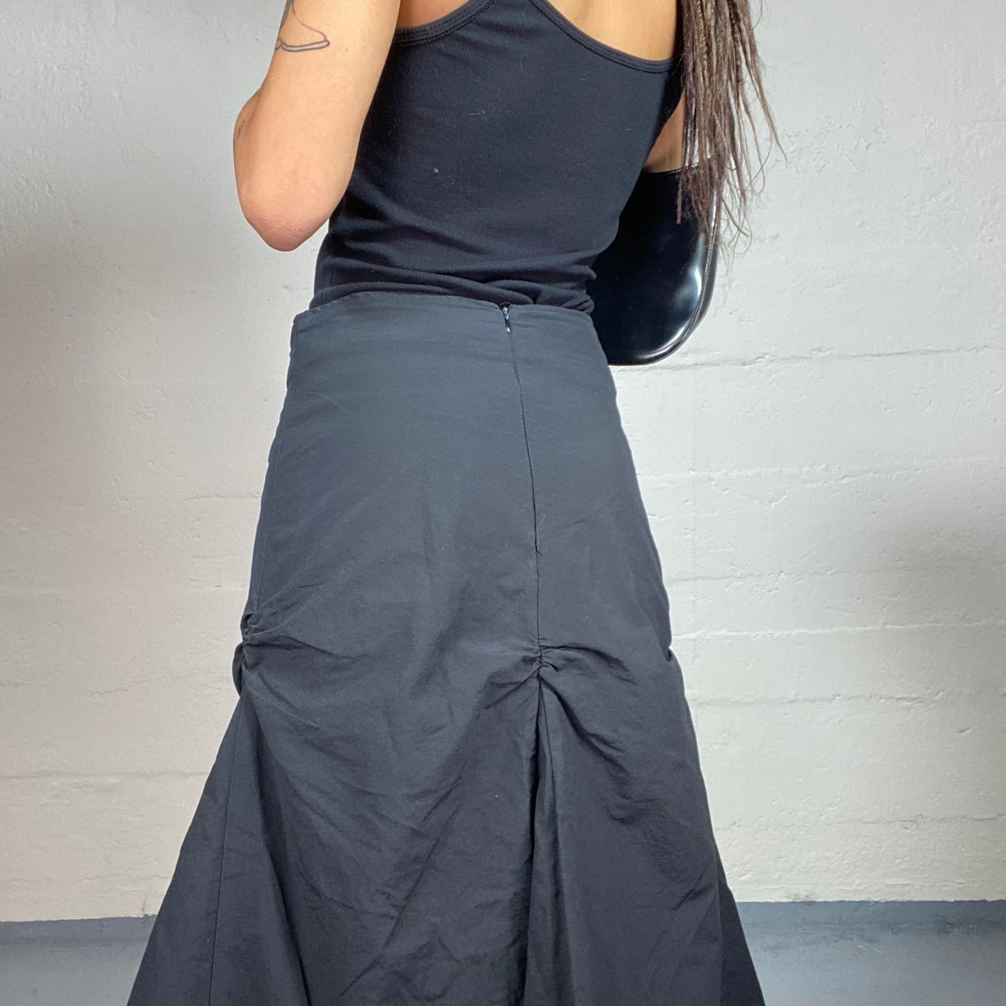 Vintage 2000's Cyber Black Deconstructed Maxi Cargo Skirt with Layered Material (M)