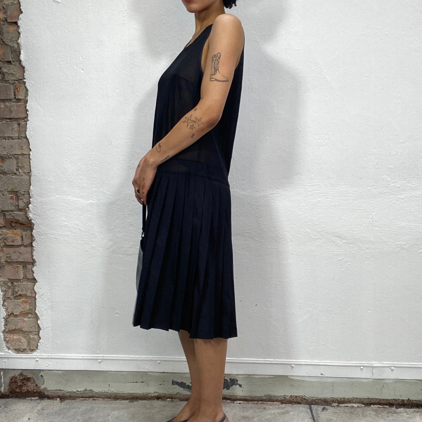 Vintage 90's Ballet Black Midi Dress with Mesh Top and Pleated Bottom (M)