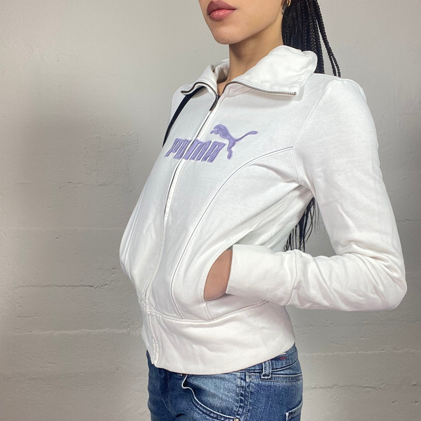 Vintage 2000's Puma College Girl White Zip-Up Hoodie with Brand Name Detail (S)