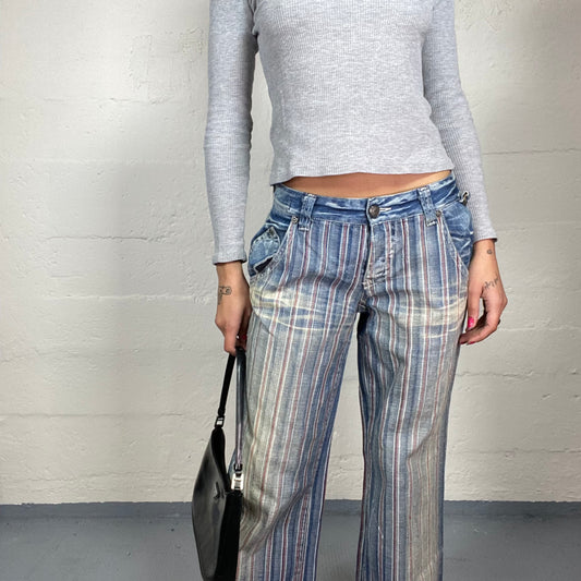 Vintage 2000's Calvin Klein Downtown Girl Washed Low-Waisted Denim Cargo Pants with Red Pinestripes Print (S)