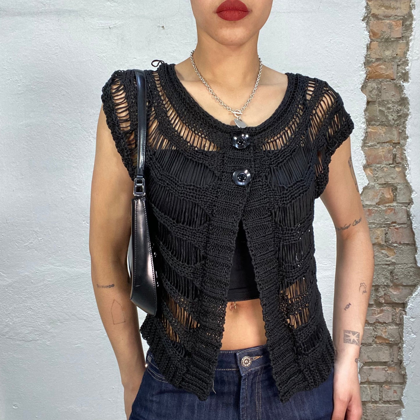 Vintage 2000's Festival Black Net Short Sleeve Cardigan Top (S)