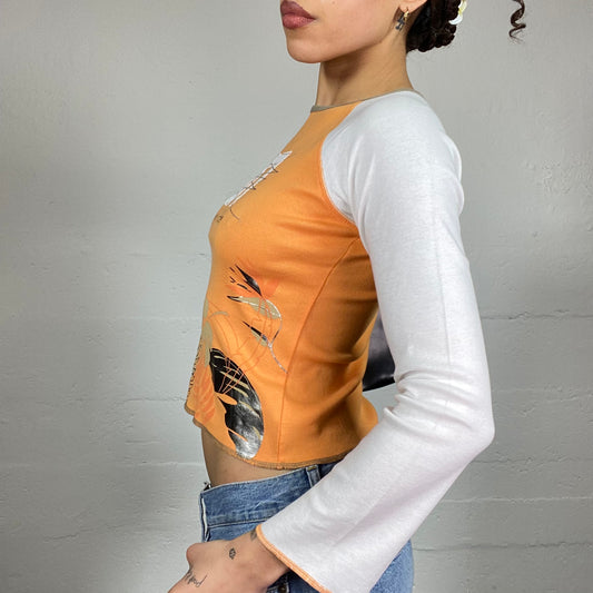 Vintage 2000's Downtown Girl Orange Longsleeve Top with Leafs "Jungle Babe" Print (S)