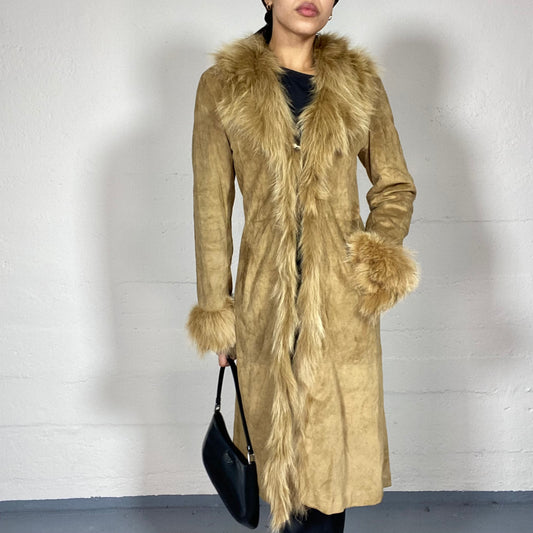 Vintage 2000's Bratz Brown Long Coat with Maxi Faux Fur Trims (S/M)