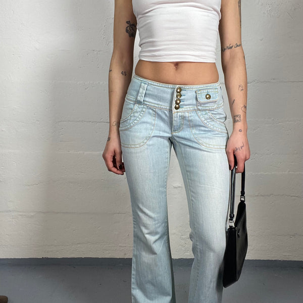 Vintage 2000's Sleaze Light Denim Belted Button Up High Vintage 2000's Sleaze Light Denim Belted Button Up High