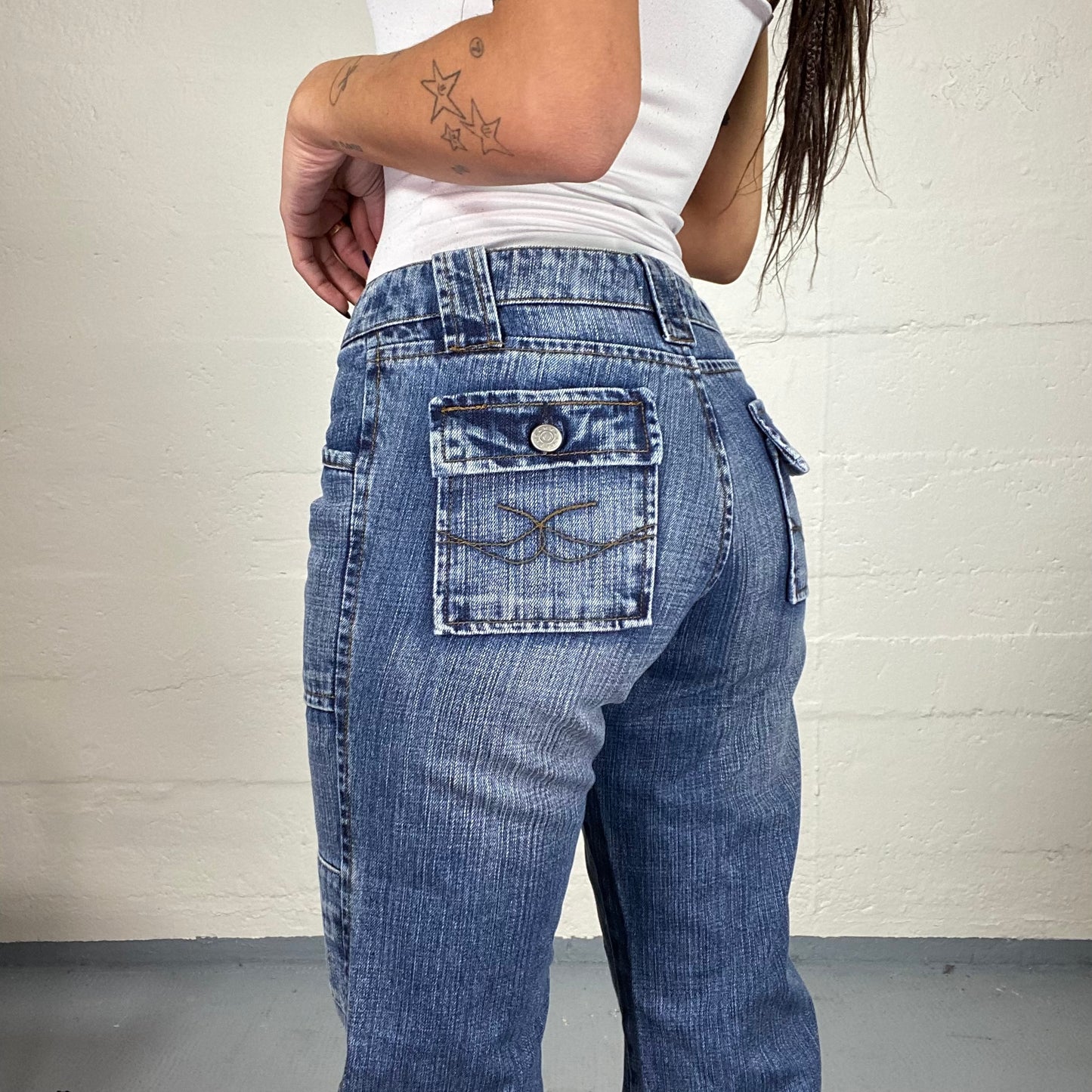 Vintage 2000's Downtown Girl Denim Low Waist Cargo Pants with Patches Detail (S)