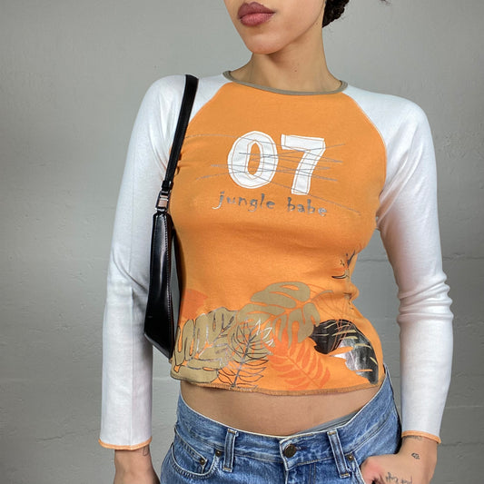 Vintage 2000's Downtown Girl Orange Longsleeve Top with Leafs "Jungle Babe" Print (S)