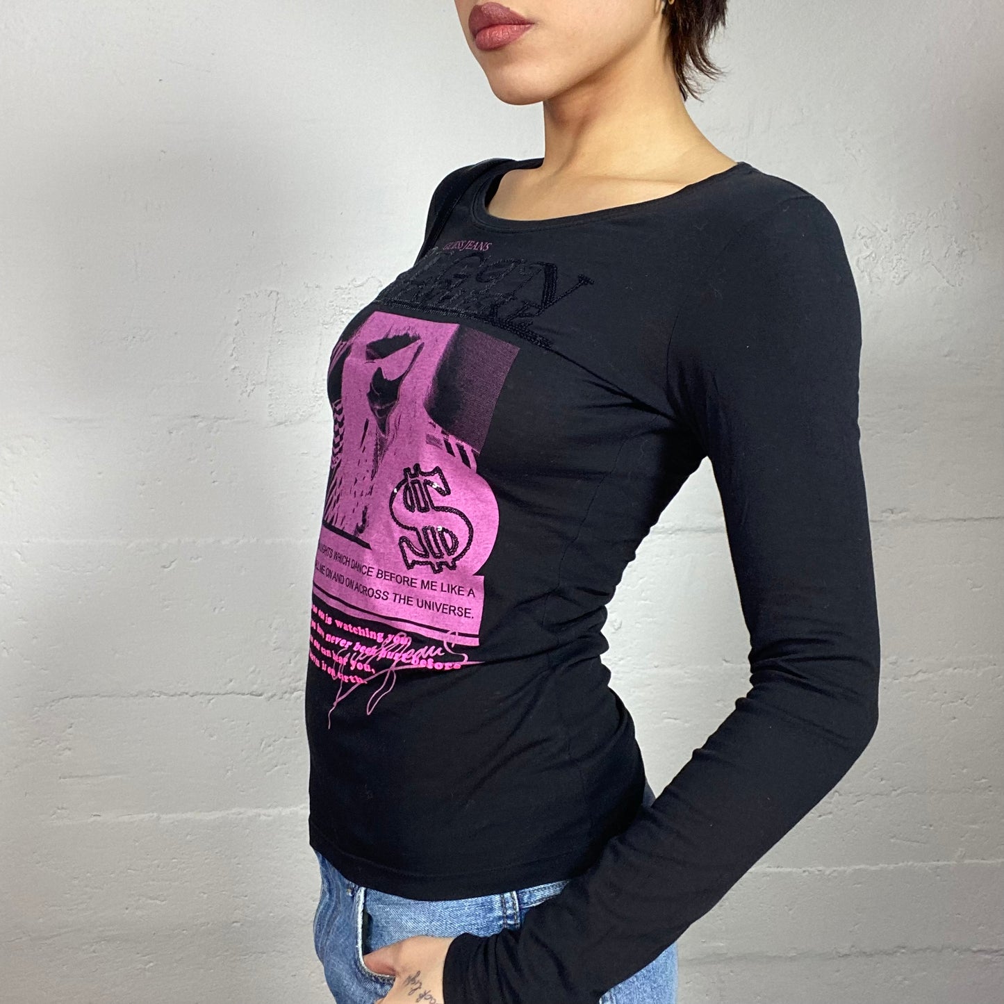 Vintage 2000's Guess Black Longsleeve Top with Pink Newspaper Patch Print (S)