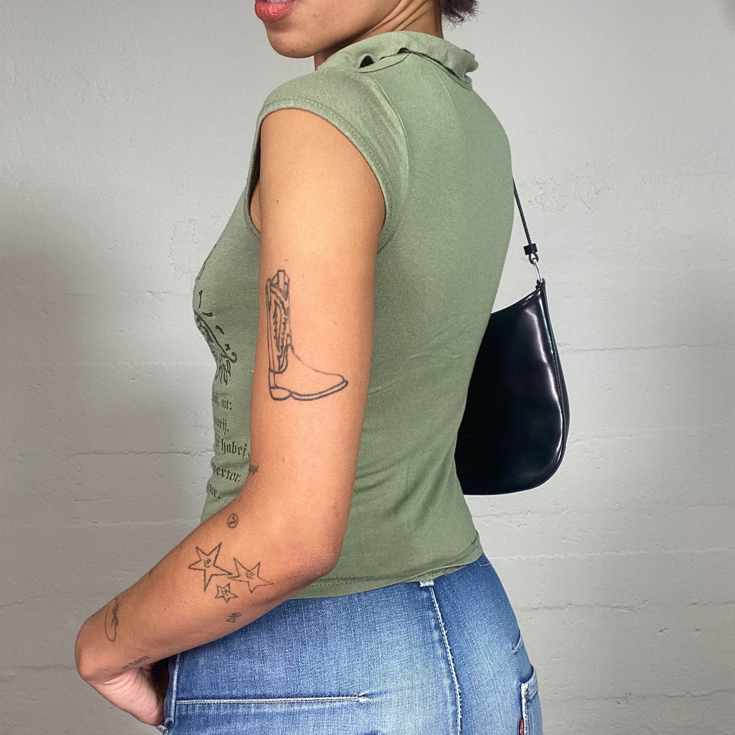 Vintage 2000's Fairy Khaki Top with Gold Floral and Typography Print (S)