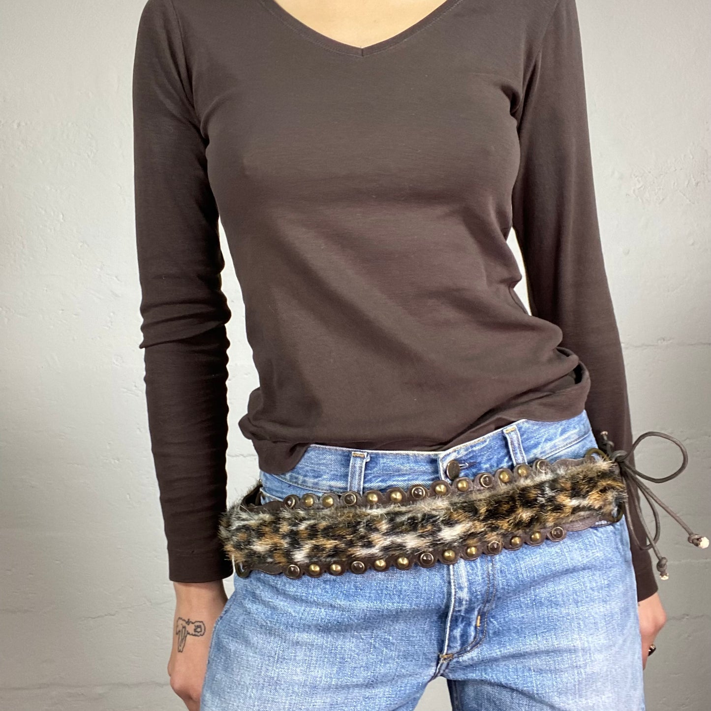 Vintage 2000's Mob Wife Brown Belt with Furry Cheetah Print and Studs Detail