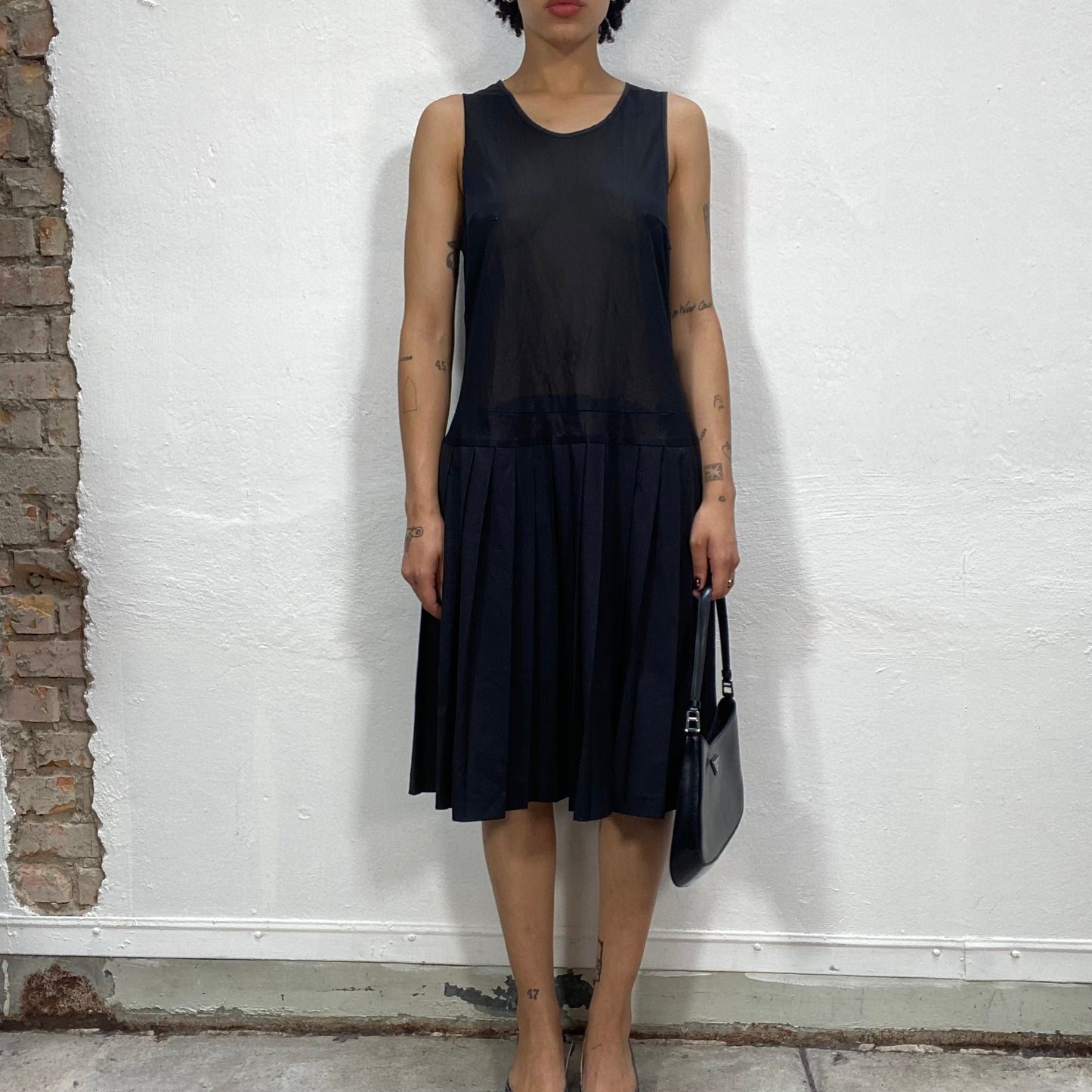 Vintage 90's Ballet Black Midi Dress with Mesh Top and Pleated Bottom (M)