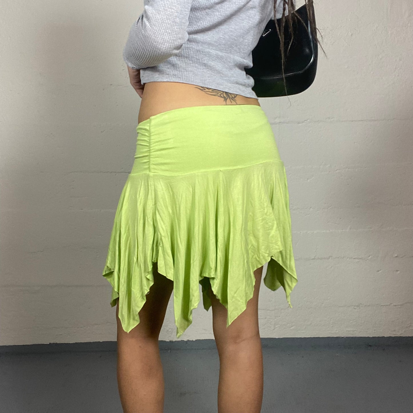 Vintage 2000's Boho Girl Lime Green Asymmetric Cut Mini Skirt (M)