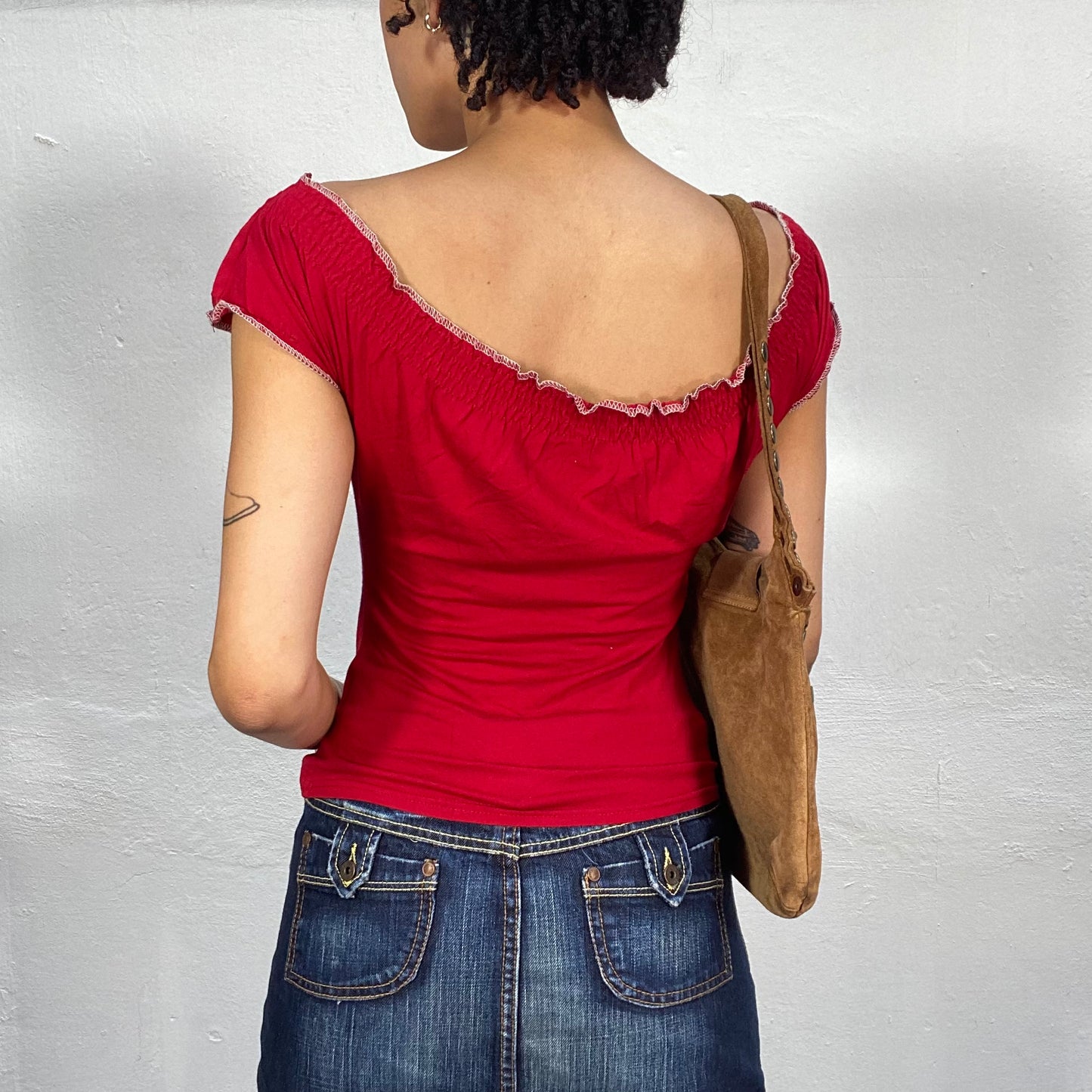 Vintage 2000's Rocker Red Shirt with Ruffle Trim and Rose Print (S)