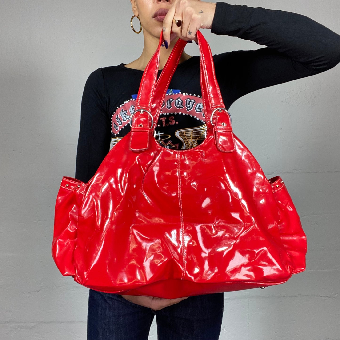 Vintage 2000's Bright Red Vinyl Shoulder Bag with Big Studed Pockets Detail