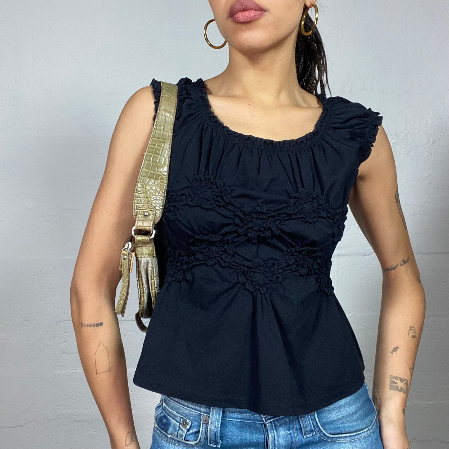 Vintage 90's Clubwear Black Top with Ruched Chest Detail (S)