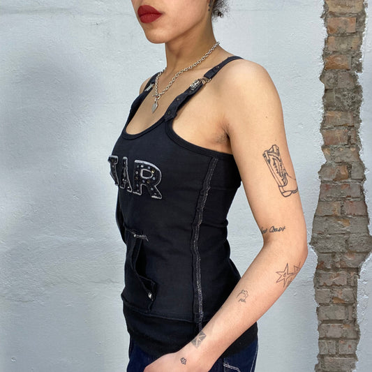 Vintage 2000's Sleaze Black Tank Top with Buckles and 'Star' Print (S)