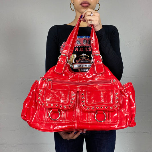 Vintage 2000's Bright Red Vinyl Shoulder Bag with Big Studed Pockets Detail
