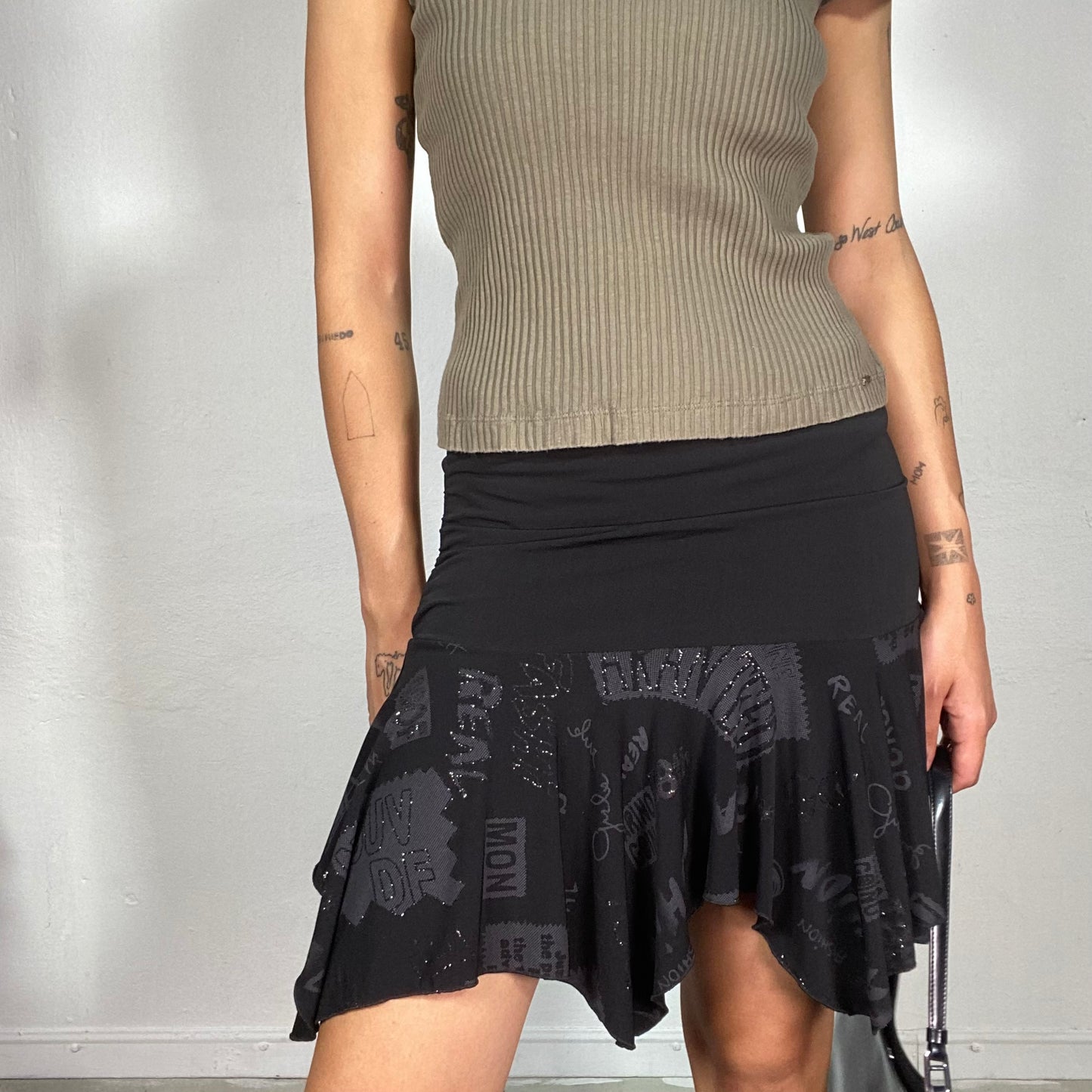 Vintage 90's Funky Black Mini Skirt with Glitter Writing Print (S)