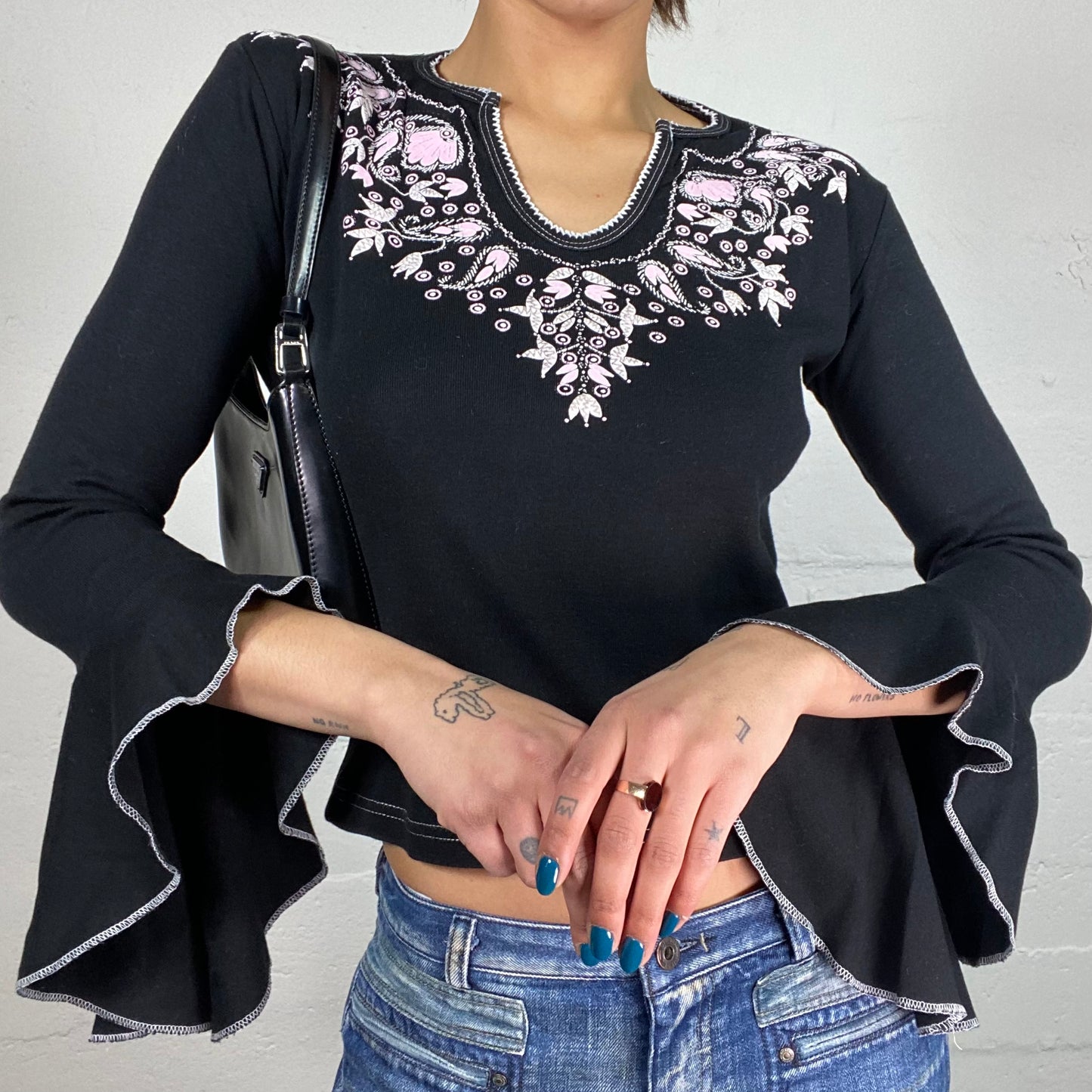 Vintage 2000's Indie Girl Angel Longsleeve Top with Floral Print (S)
