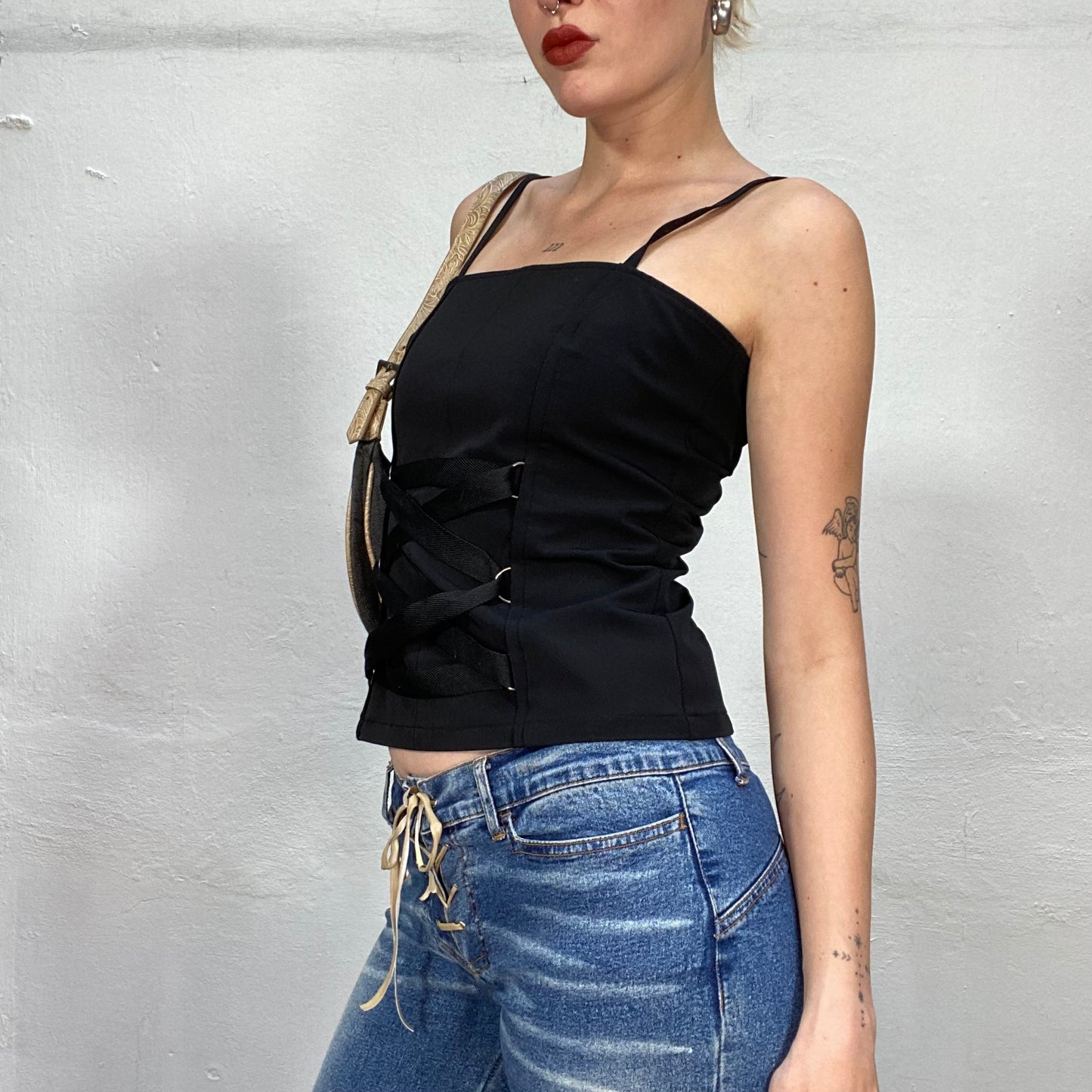 Vintage 90's Grunge Black Top with Lace Up Detail (S)