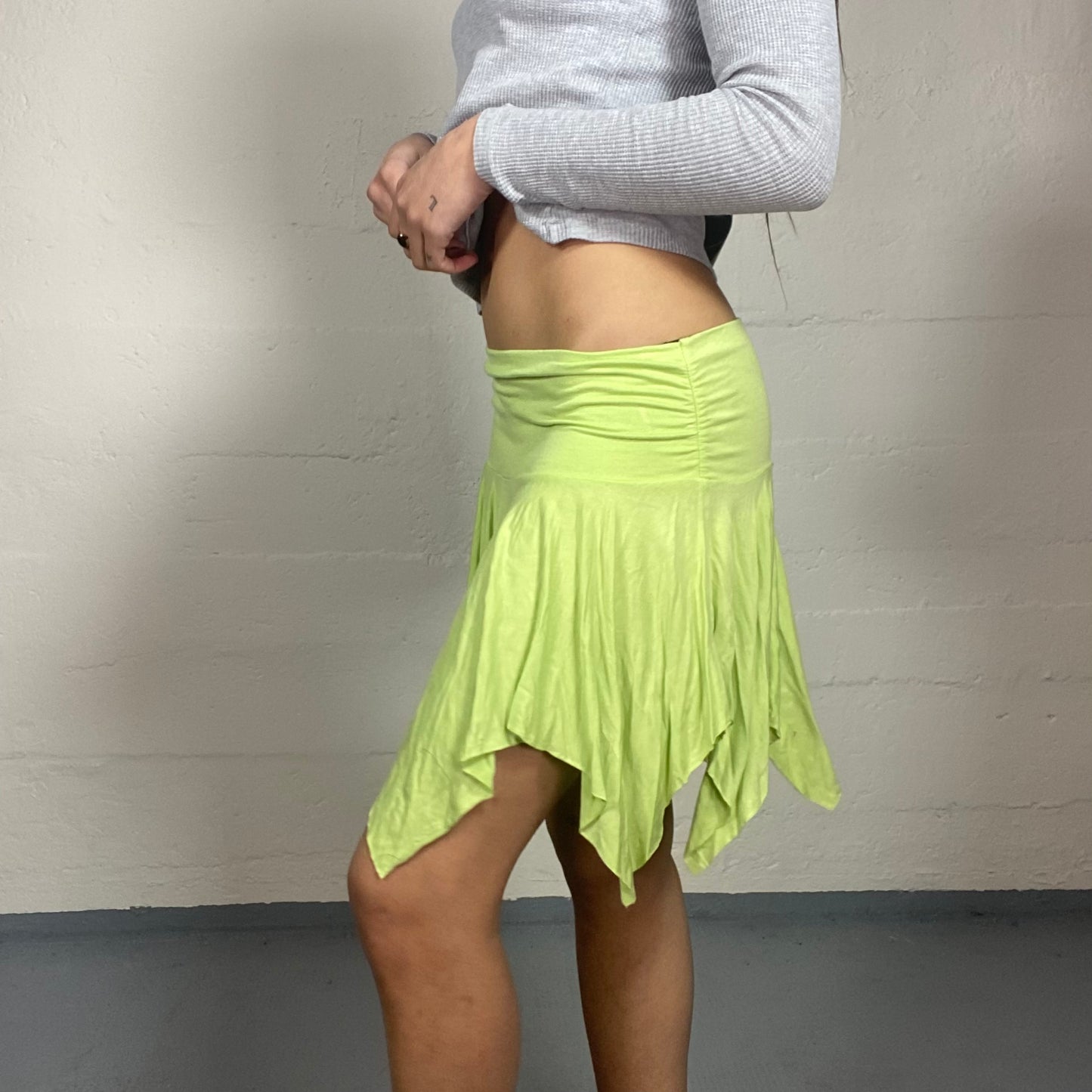 Vintage 2000's Boho Girl Lime Green Asymmetric Cut Mini Skirt (M)