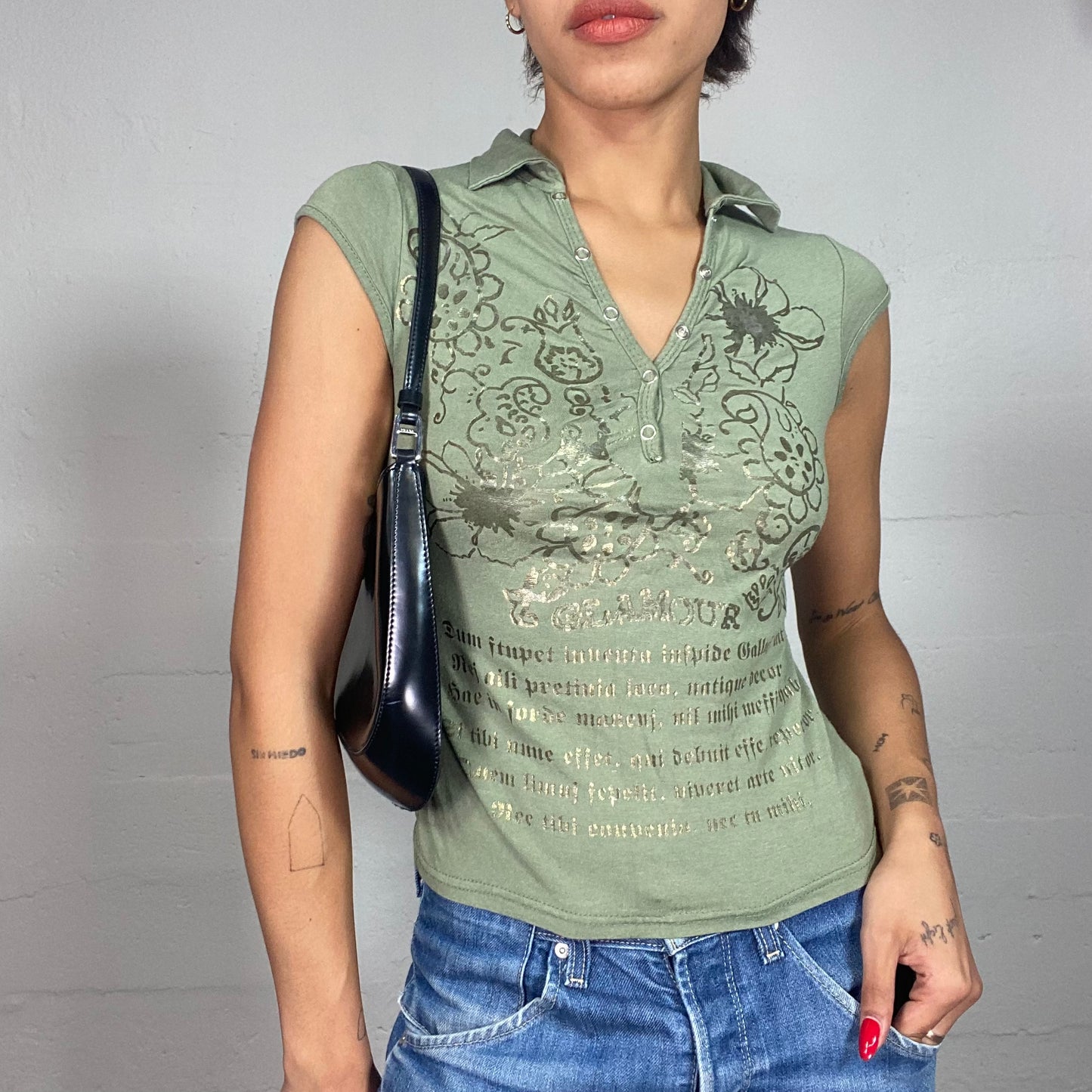 Vintage 2000's Fairy Khaki Top with Gold Floral and Typography Print (S)