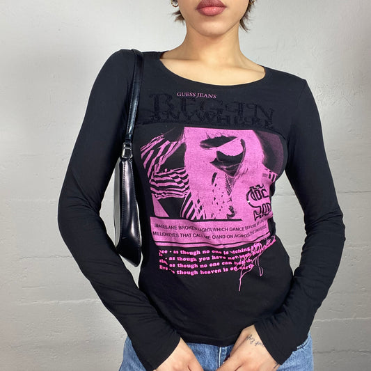 Vintage 2000's Guess Black Longsleeve Top with Pink Newspaper Patch Print (S)