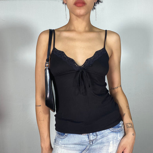 Vintage 90's Model Off Duty Black Cami Top with Black Lace Trim (S/M)