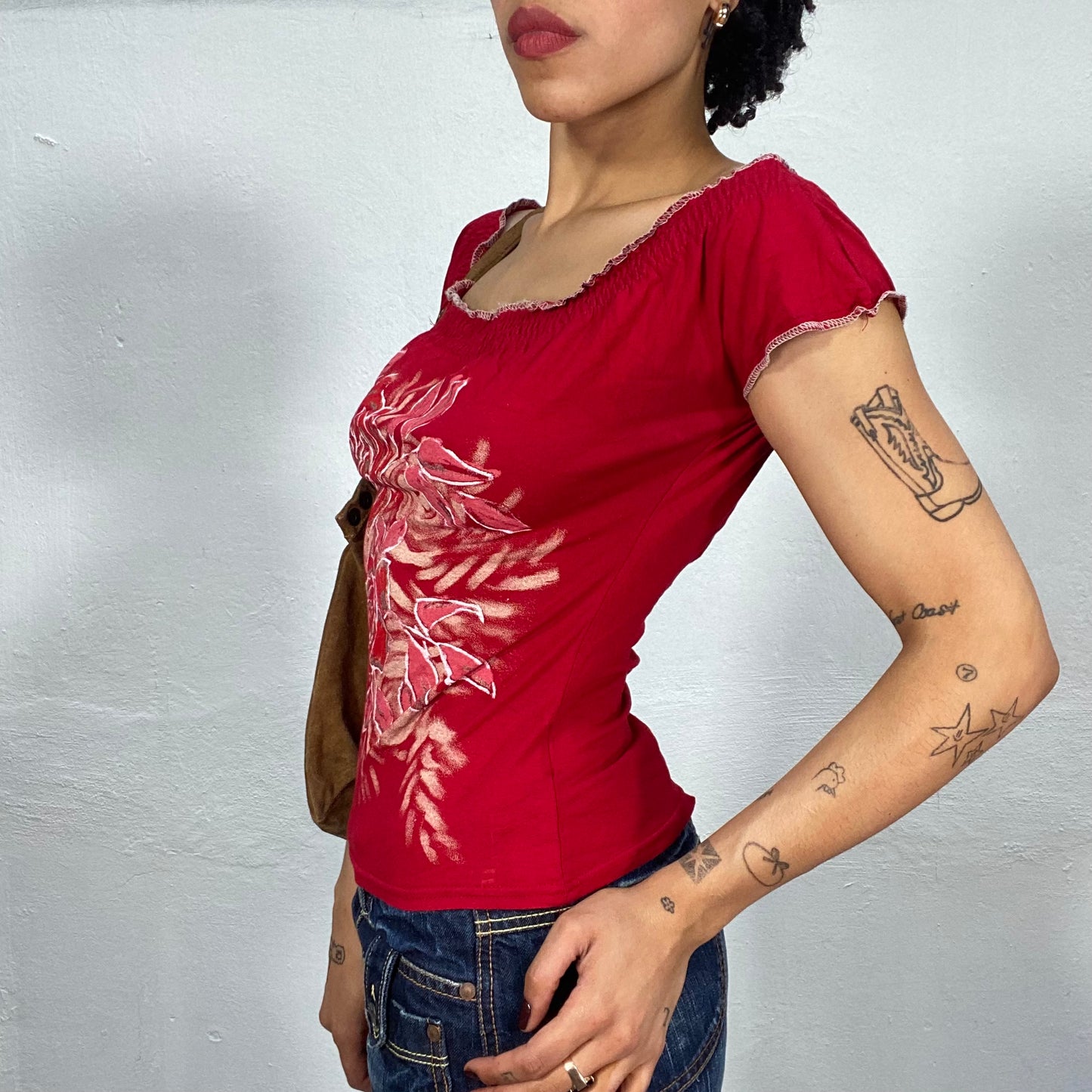 Vintage 2000's Rocker Red Shirt with Ruffle Trim and Rose Print (S)