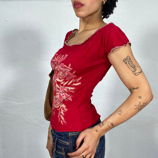 Vintage 2000's Rocker Red Shirt with Ruffle Trim and Rose Print (S)
