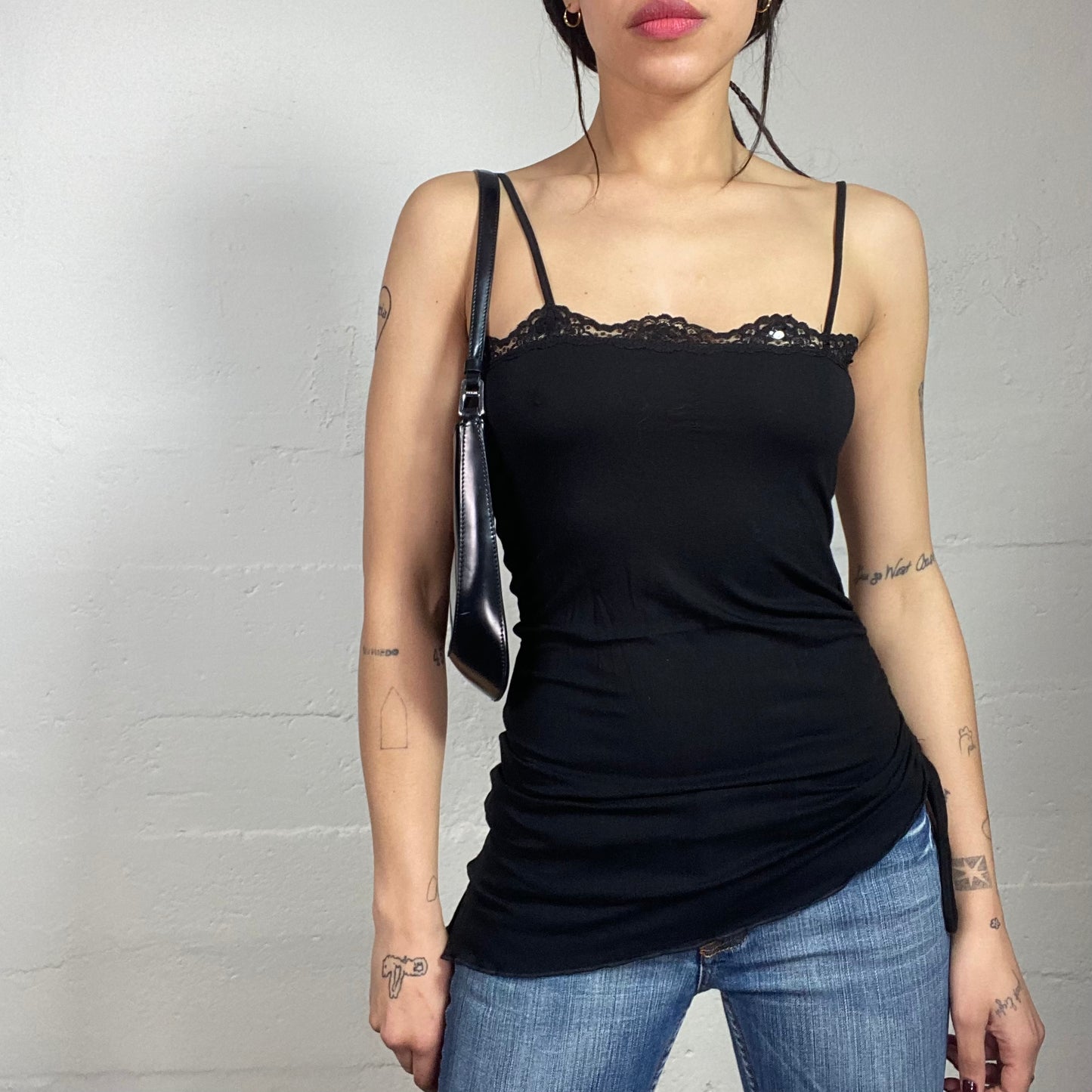 Vintage 2000's Downtown Girl Black Asymmetric Cut Top with Lace Trim Detail (S/M)