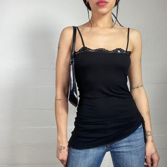Vintage 2000's Downtown Girl Black Asymmetric Cut Top with Lace Trim Detail (S/M)