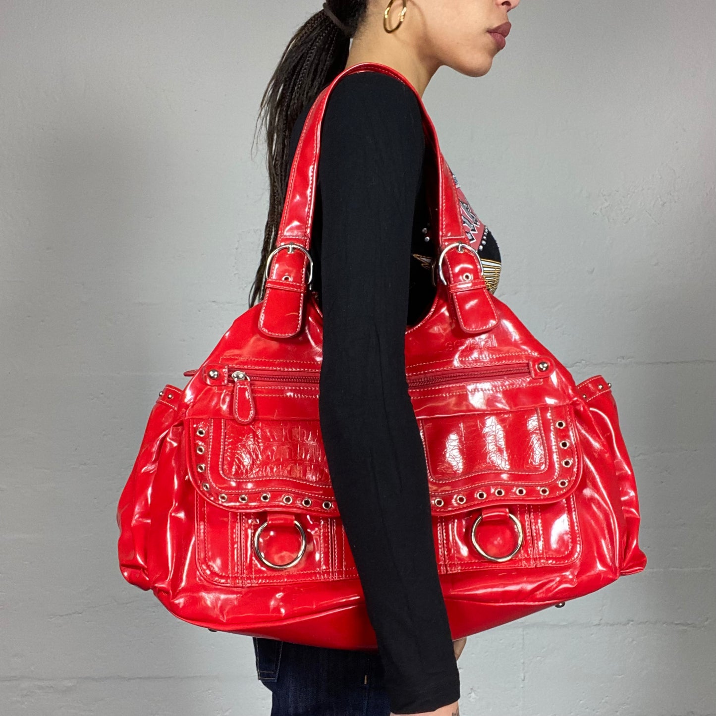 Vintage 2000's Bright Red Vinyl Shoulder Bag with Big Studed Pockets Detail