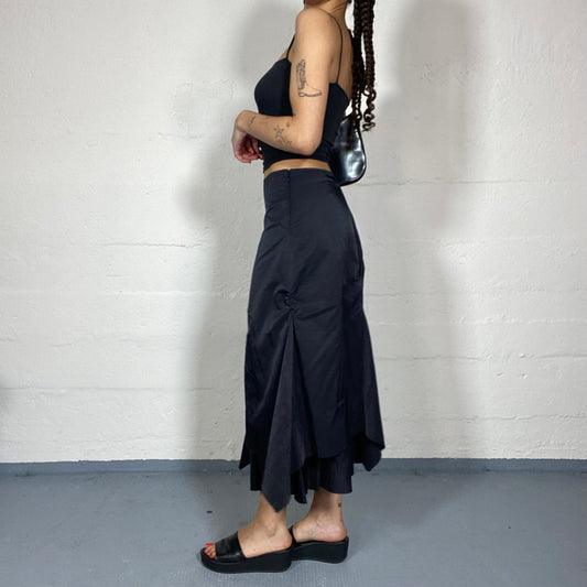 Vintage 2000's Archive Black Maxi Cargo Skirt with Bright Finish Material and Layered Bottom Detail (S)