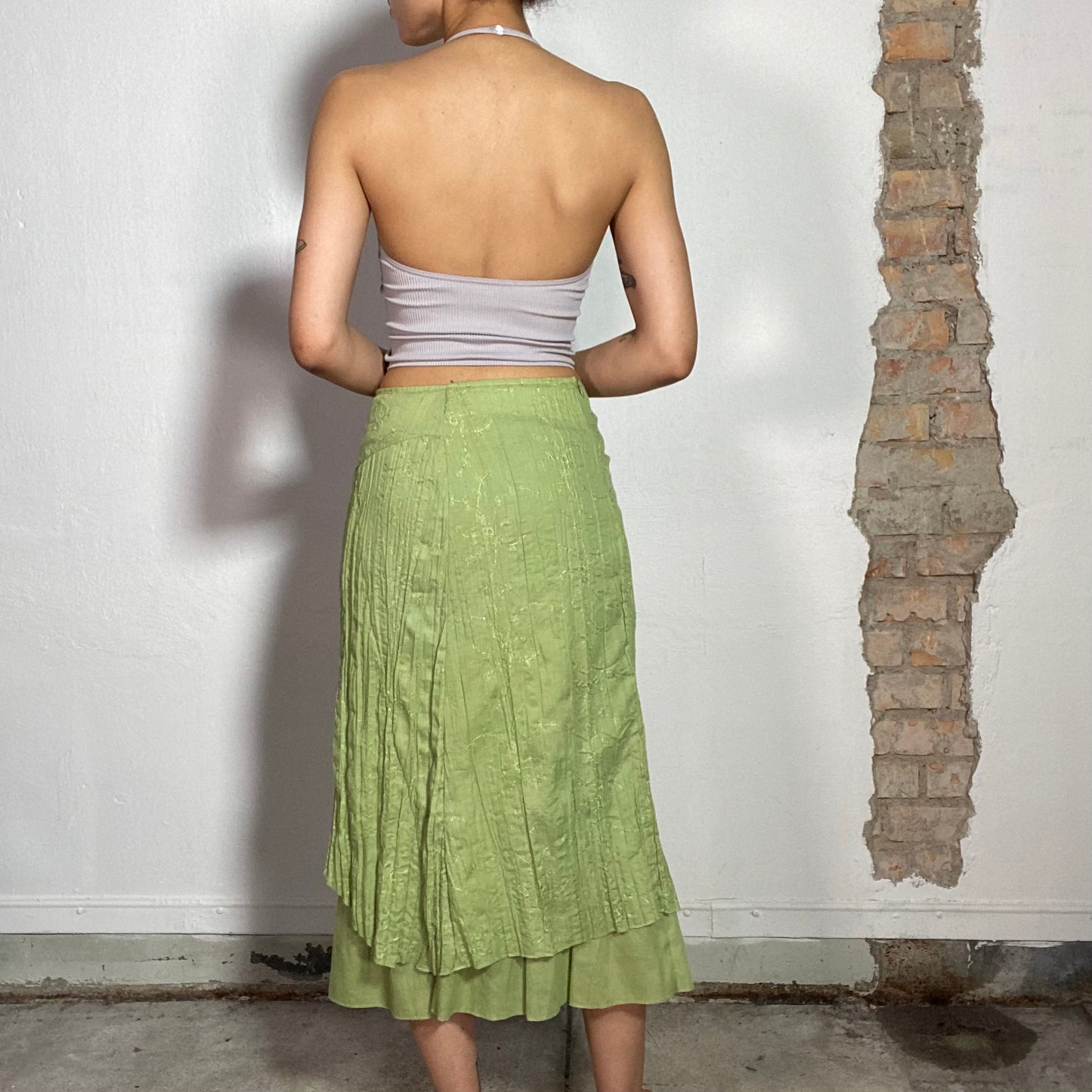 Vintage 90's Fairy Green Maxi Skirt with Floral Embroidery (S)