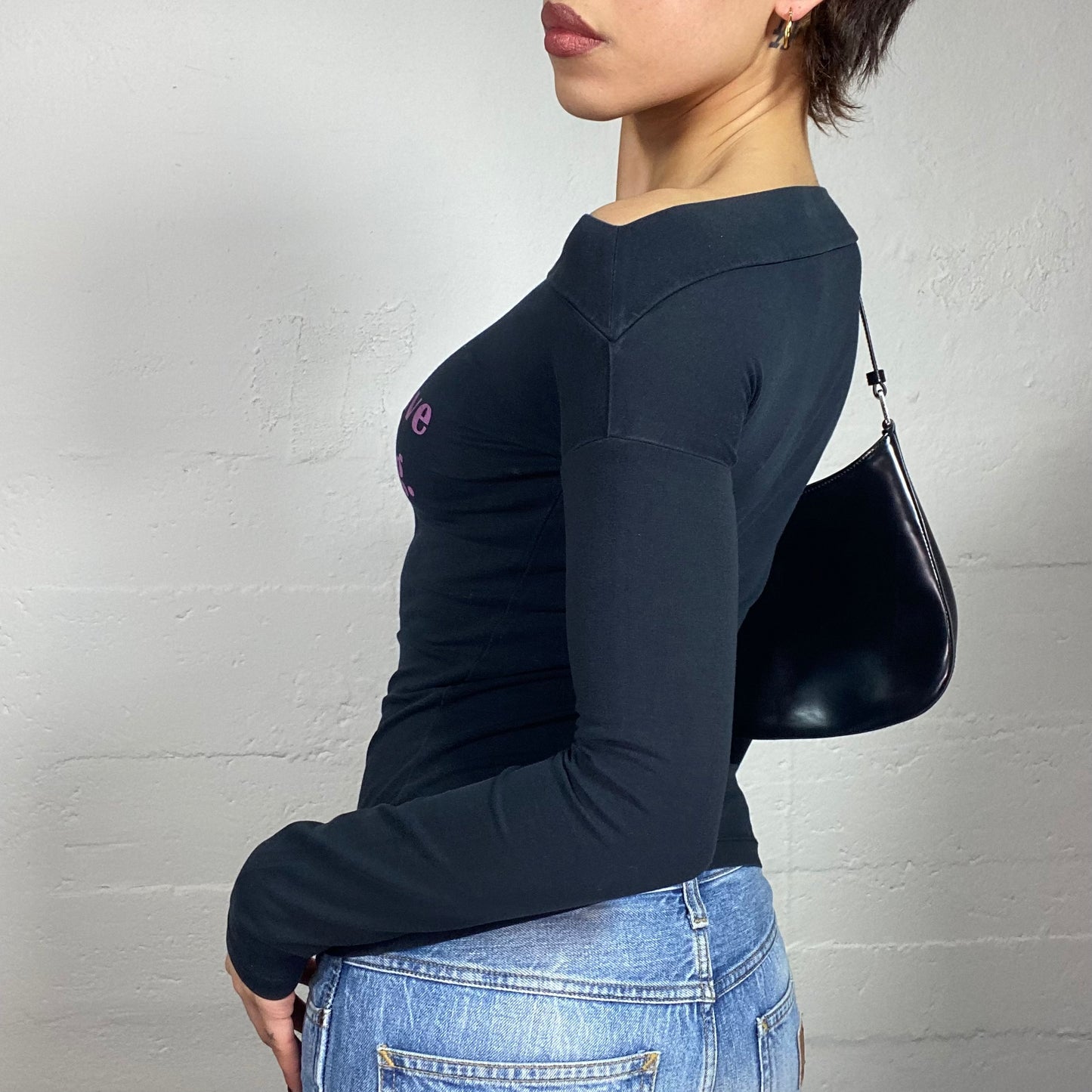 Vintage 2000's Guess Black Off Shoulder Longsleeve Top with Pink "Everyone Should Believe in Something" Sequins Patch Print (S)