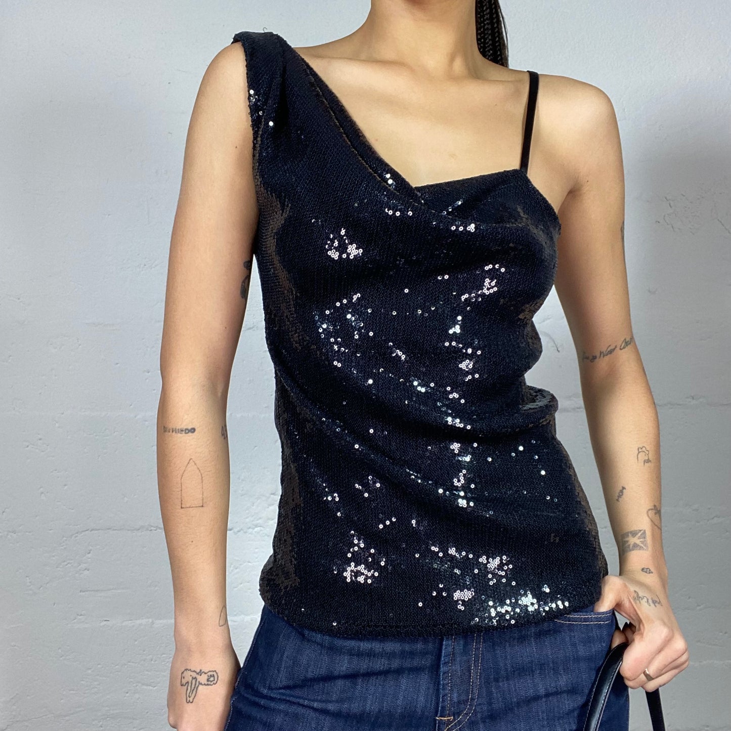 Vintage 2000's Clubwear Black Asymmetric Sleeve Top with Sequins Material (S)