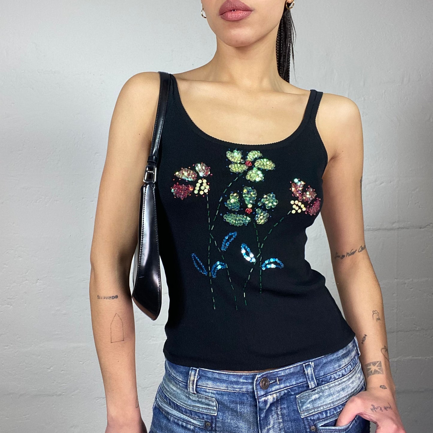 Vintage 90's Lizzie Mc Guire Black Top with Floral Shape Sequins Print Detail (S)