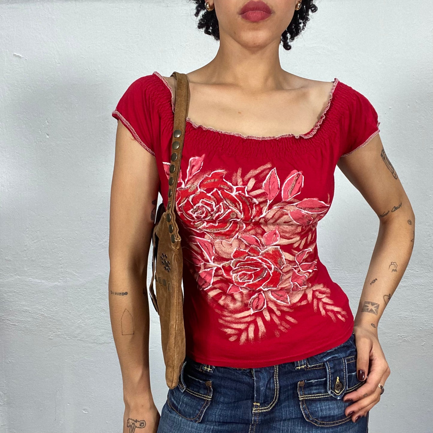 Vintage 2000's Rocker Red Shirt with Ruffle Trim and Rose Print (S)