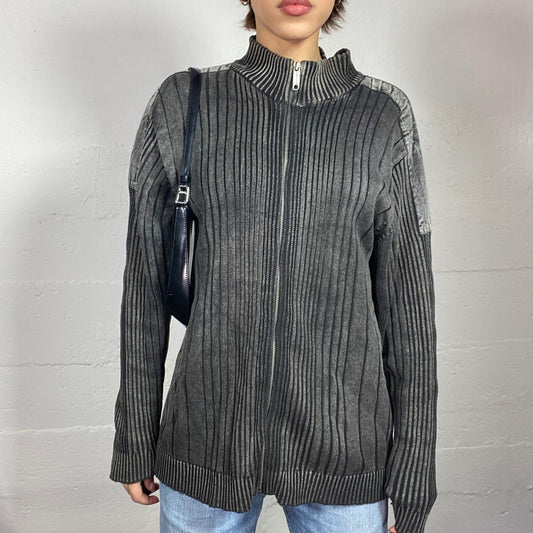 Vintage 2000's Sporty Black and Grey Ribbed Zip Up Jacket (M)