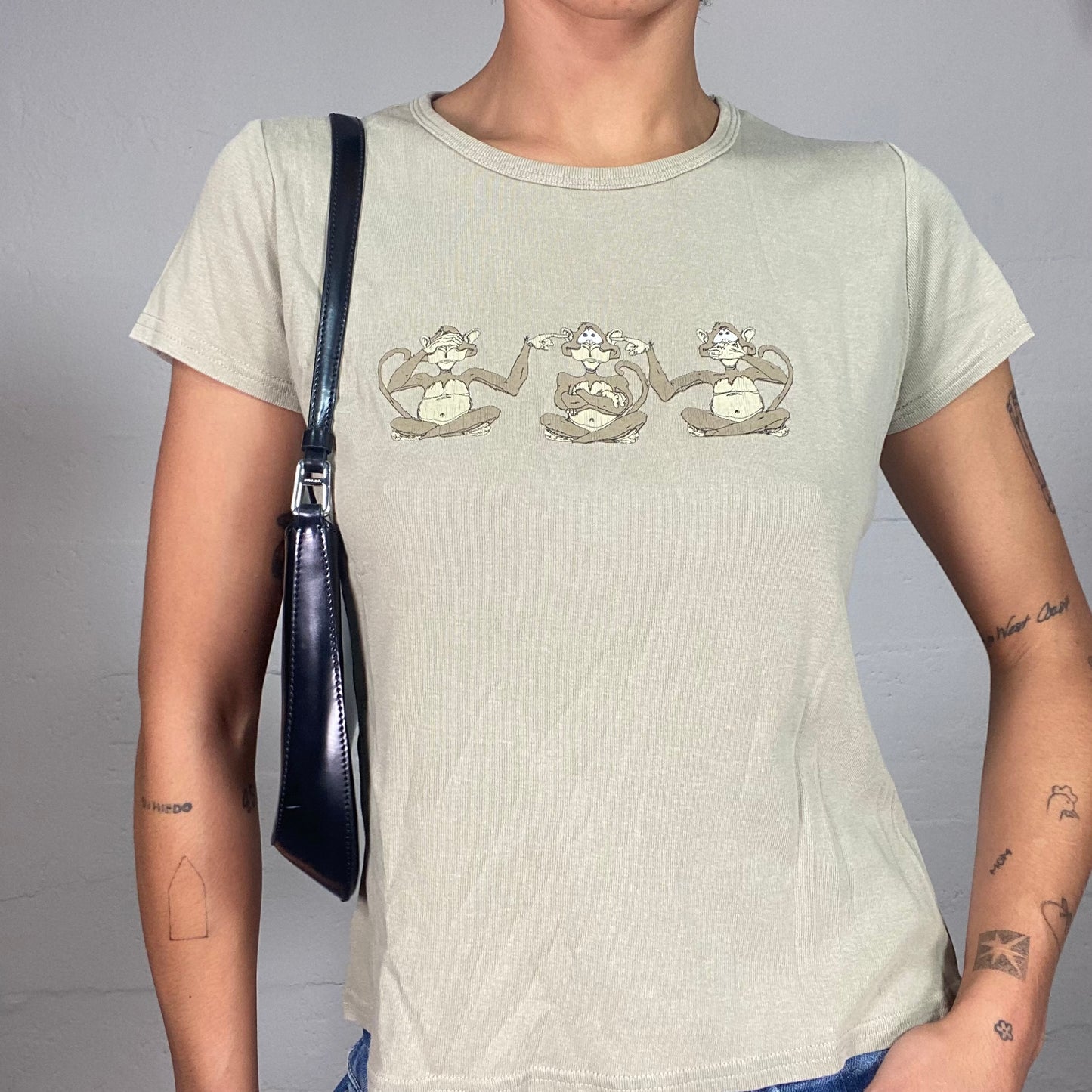 Vintage 2000's Cute Khaki Top with Animated Three Wise Monkeys Print (S)