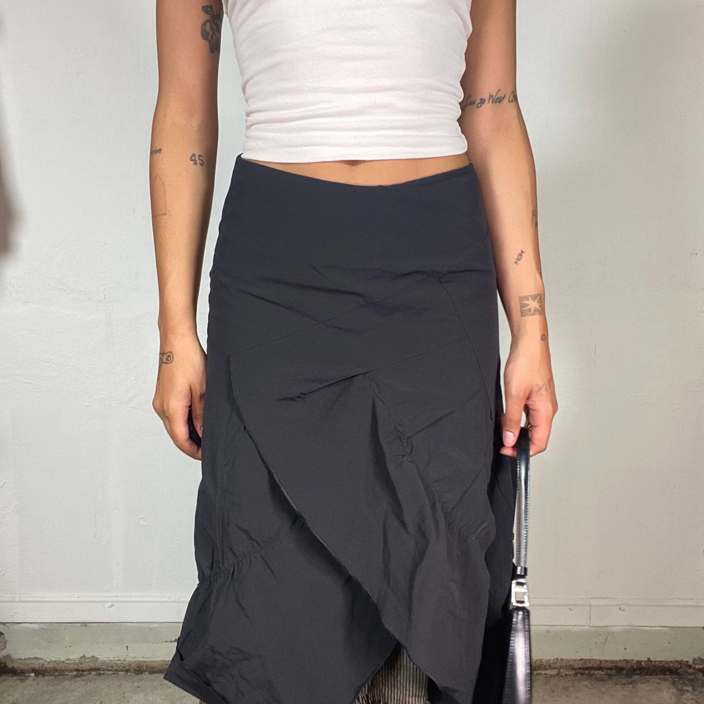 Vintage 2000's Archive Black Deconstructed Maxi Cargo Layered Skirt with Pinestriped Print Detail (S/M)