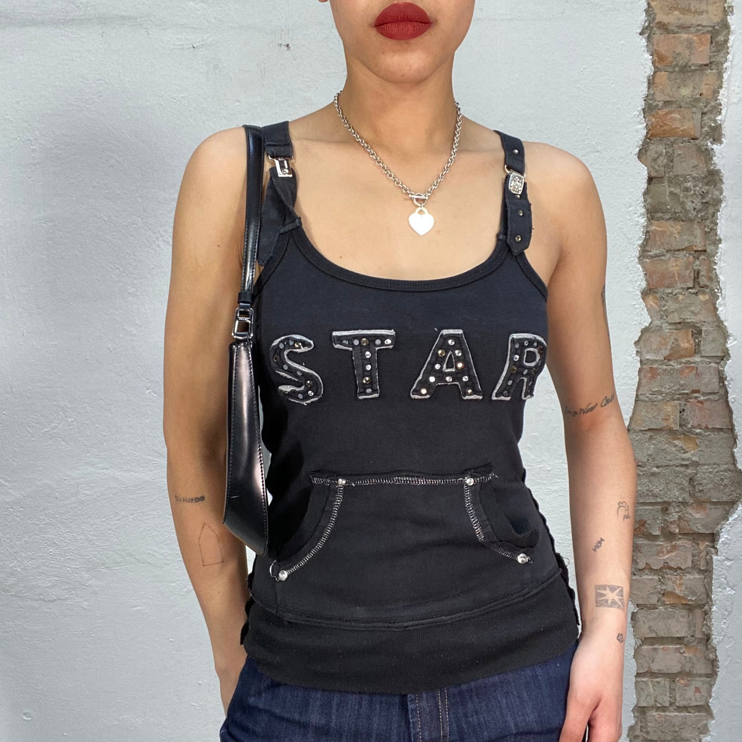 Vintage 2000's Sleaze Black Tank Top with Buckles and 'Star' Print (S)