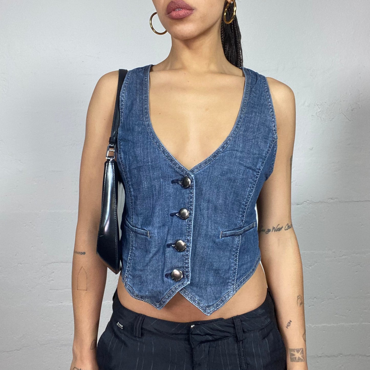 Vintage 2000's Model Off Duty Denim Vest Top with Button Details (M)