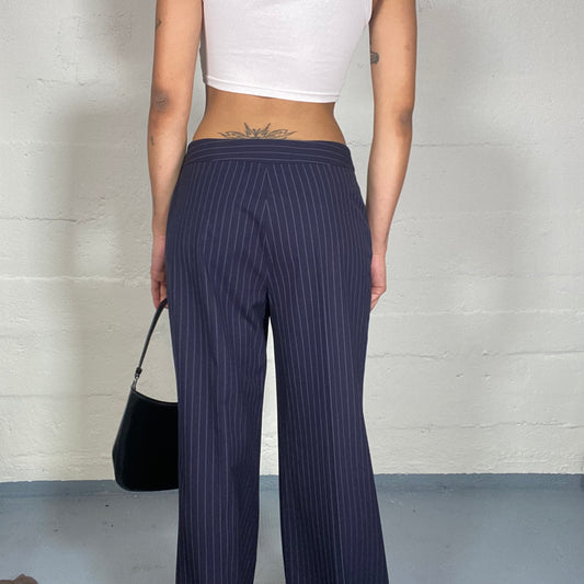 Vintage 2000's Office Girl Navy Straight Cut Pants with White Pinestripes (S/M)