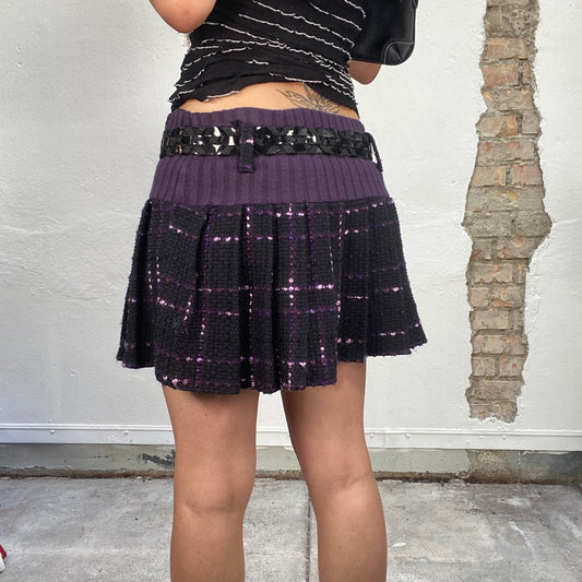 Vintage 2000's Punky Black and Purple Tweed Mini Skirt with Glossy Waist Belt (S)