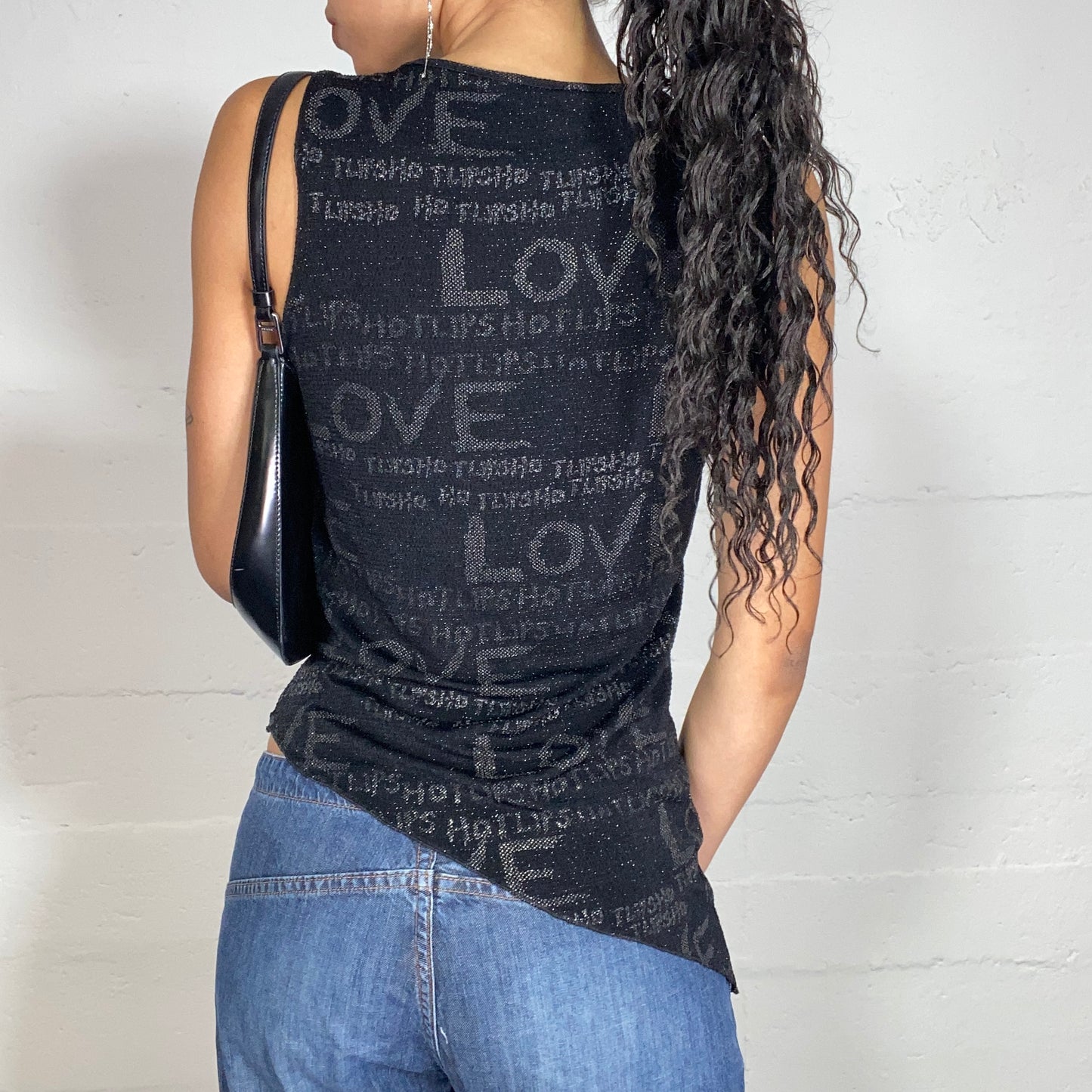 Vintage 2000's Clubwear Black Waterfall Neckline Top with Glitter "Love" Typography Print (S)