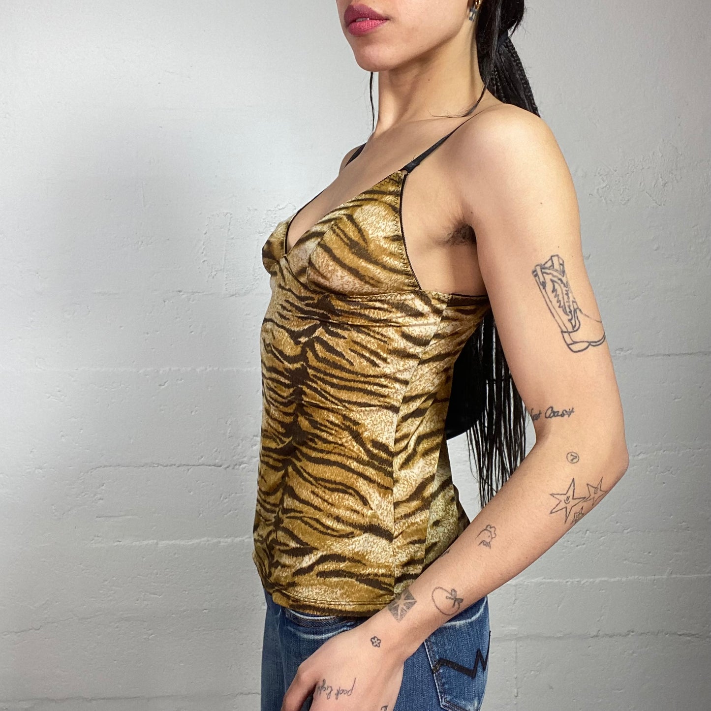 Vintage 2000's Mob Wife Brown Cami Top with Tiger Print Covering (S)
