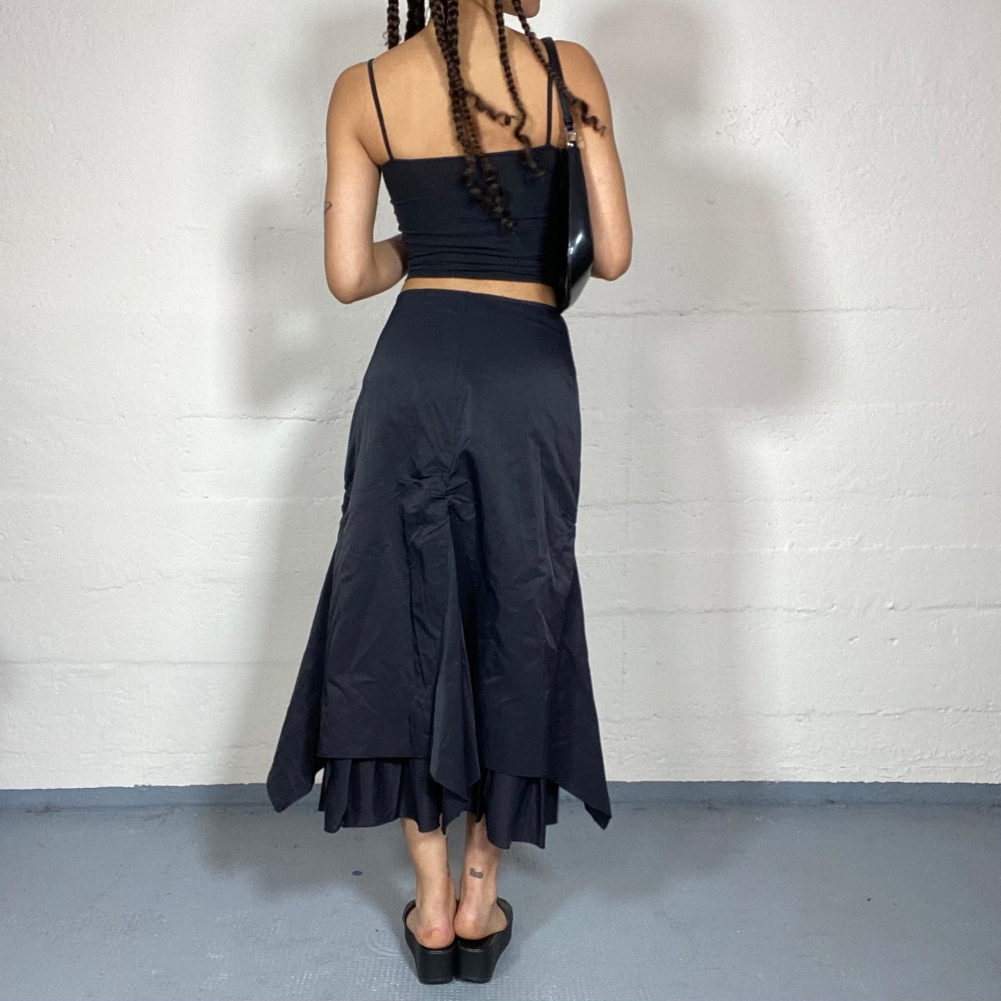 Vintage 2000's Archive Black Maxi Cargo Skirt with Bright Finish Material and Layered Bottom Detail (S)