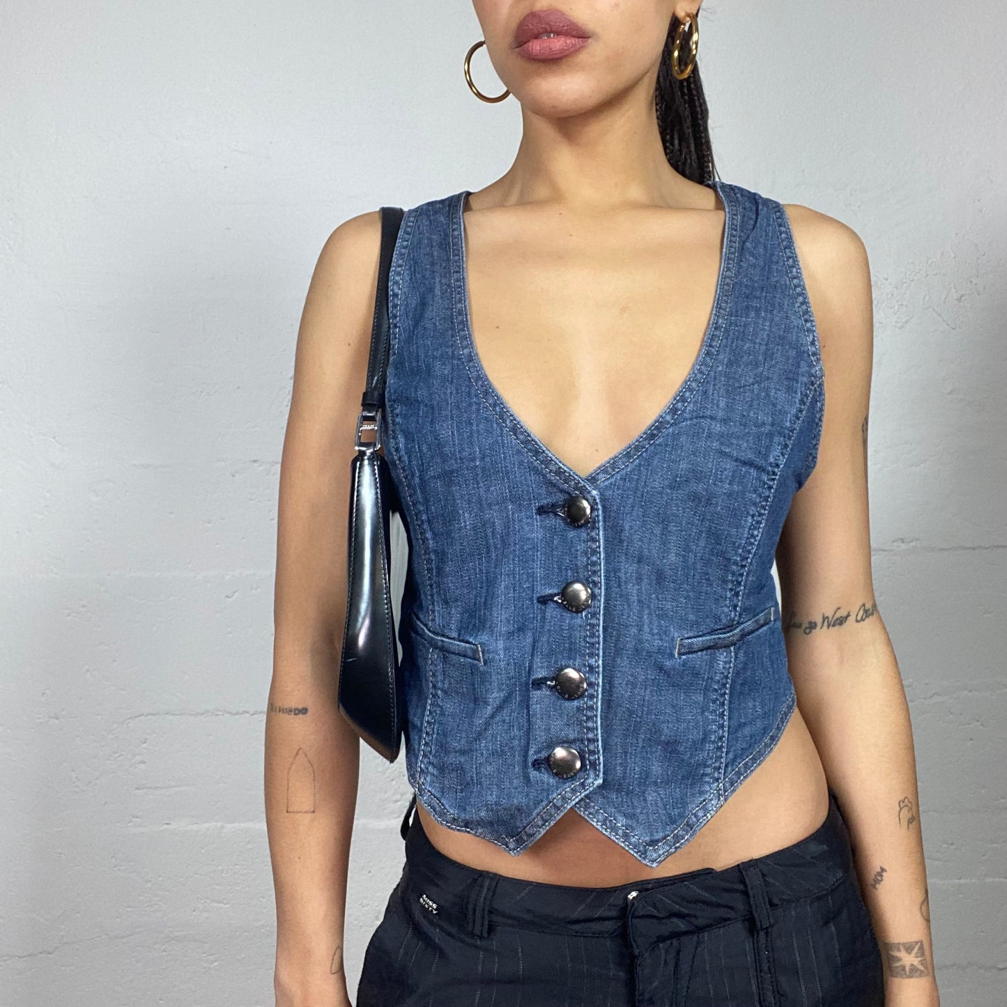 Vintage 2000's Model Off Duty Denim Vest Top with Button Details (M)